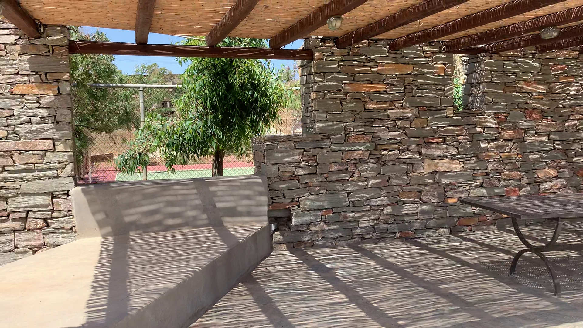 A shaded garden sitting area with chairs beneath an olive tree