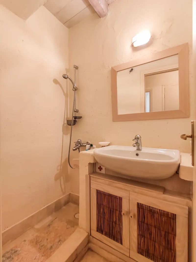 Guest bathroom walk-in shower with stone surround and rainfall head